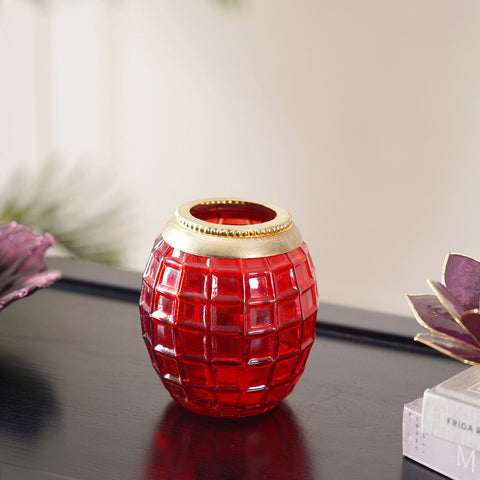Set Of 2 Red Cubic Pattern Oval Tea Light Holder