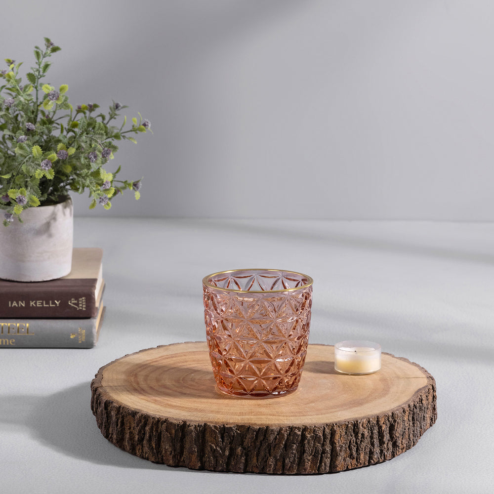 Pink Glass Votive Candle Holder with Gold Rim