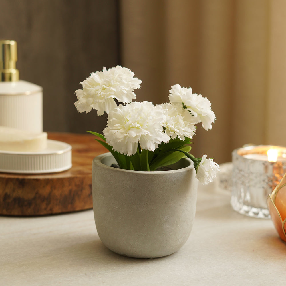 White Artificial Carnation with Cement Pot