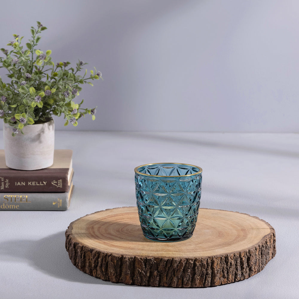 Set of 6: Blue Glass Votive with Golden Rim