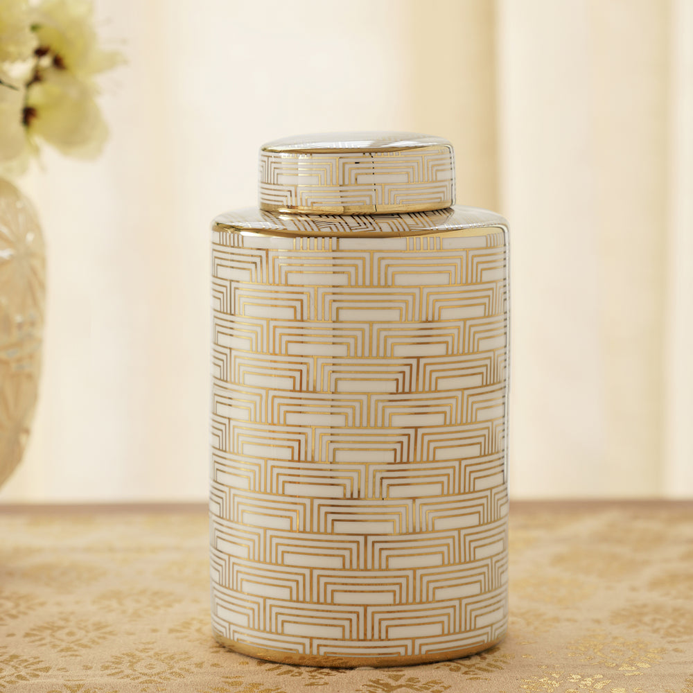 Ivory and Gold Geometric Pattern Canister