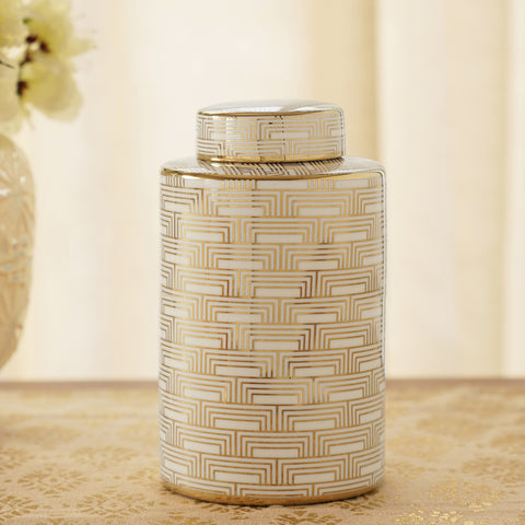 Ivory and Gold Geometric Pattern Canister