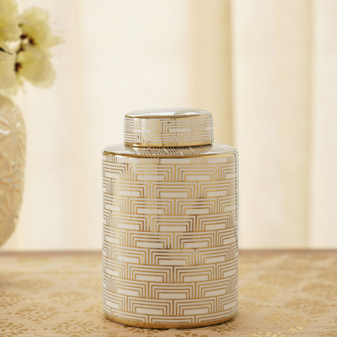 Ivory and Gold Geometric Pattern Canister - Small