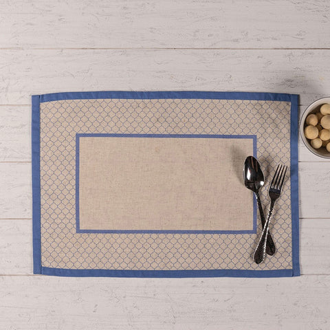 Set of 6 Beige and Blue Printed Cotton Placemats