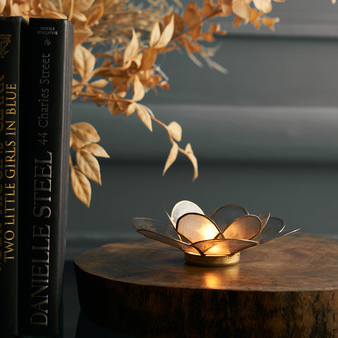 Grey  Yellow Bloom Round Tea Light Holder