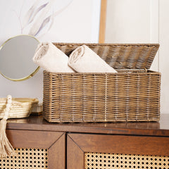 Light Brown Resin Wicker Tissue Roll Holder with Lid
