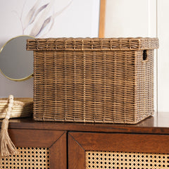 Light Brown Resin Wicker Multipurpose Storage Box With Lid