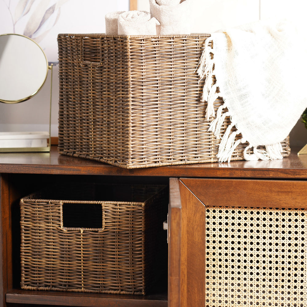 Set of 2 Light Brown Resin Wicker Utility Baskets