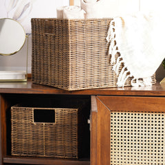 Set of 2 Light Brown Resin Wicker Utility Baskets