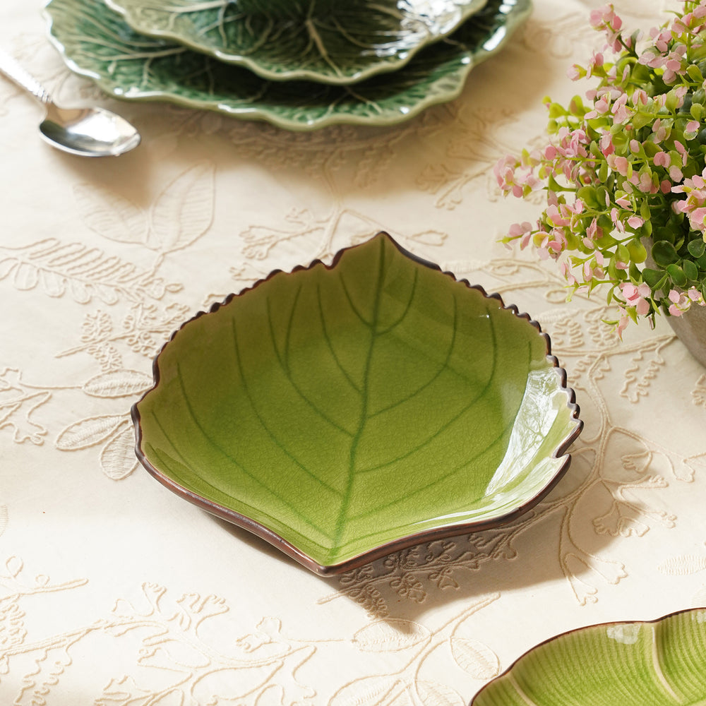 Dark Green Ceramic Leaf Platter with Veins