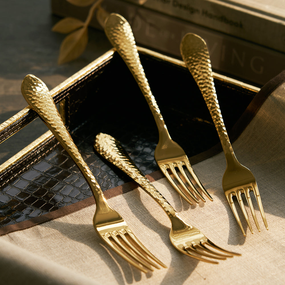 Set of 4 Gold Hammered Dinner Forks