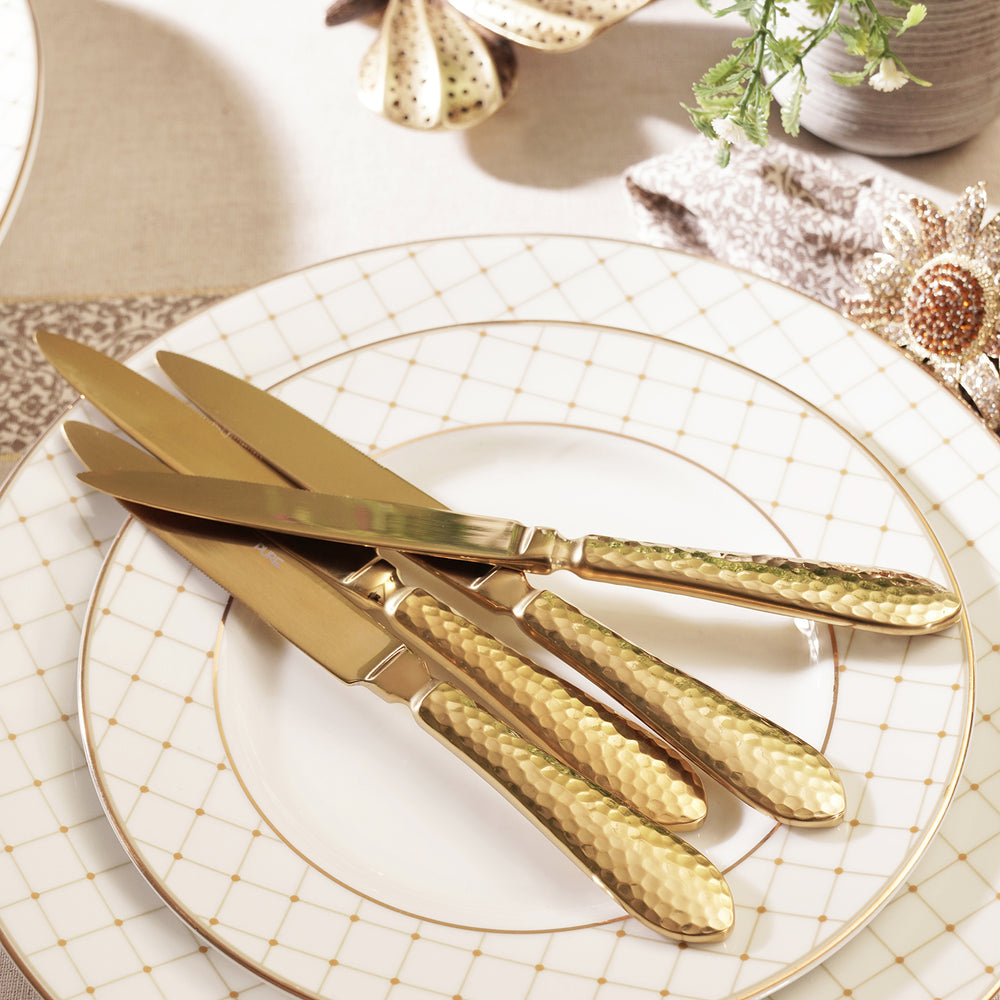 Set Of 4 Gold Hammered Stainless Steel Dinner Knives