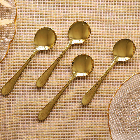 Set Of 4 Gold Steel Soup Spoons with Hammered Detail