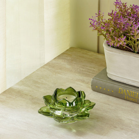 Set Of 4 Green Glass Lotus Tea Light Holder