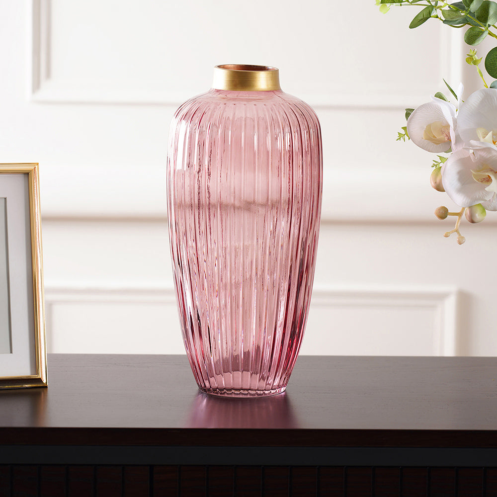Ruby Red Ribbed Glass Vase
