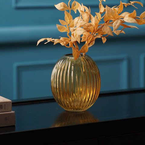 Gold Ribbed Cylindrical Clear Glass Vase - Small