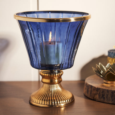 Blue Glass Hurricane with Ribbed Stand