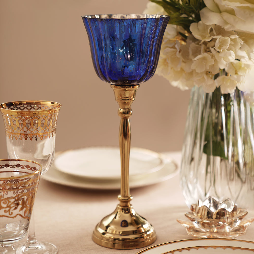 Blue and Gold Votive with Metal Stand - Large