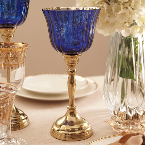 Blue and Gold Votive with Metal Stand - Small