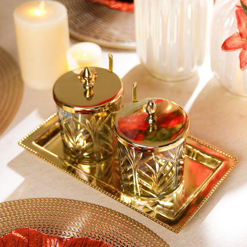 Set of 2 Gold Glass Textured Jars with Tray