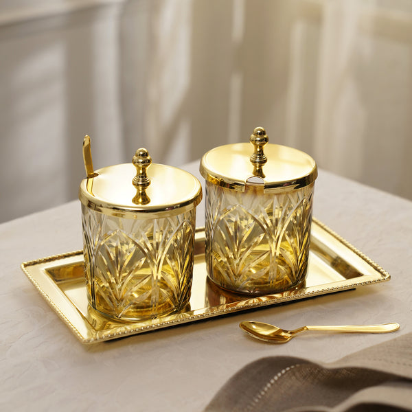 Set of 2 Gold Cut Glass Jar With Lid And Tray
