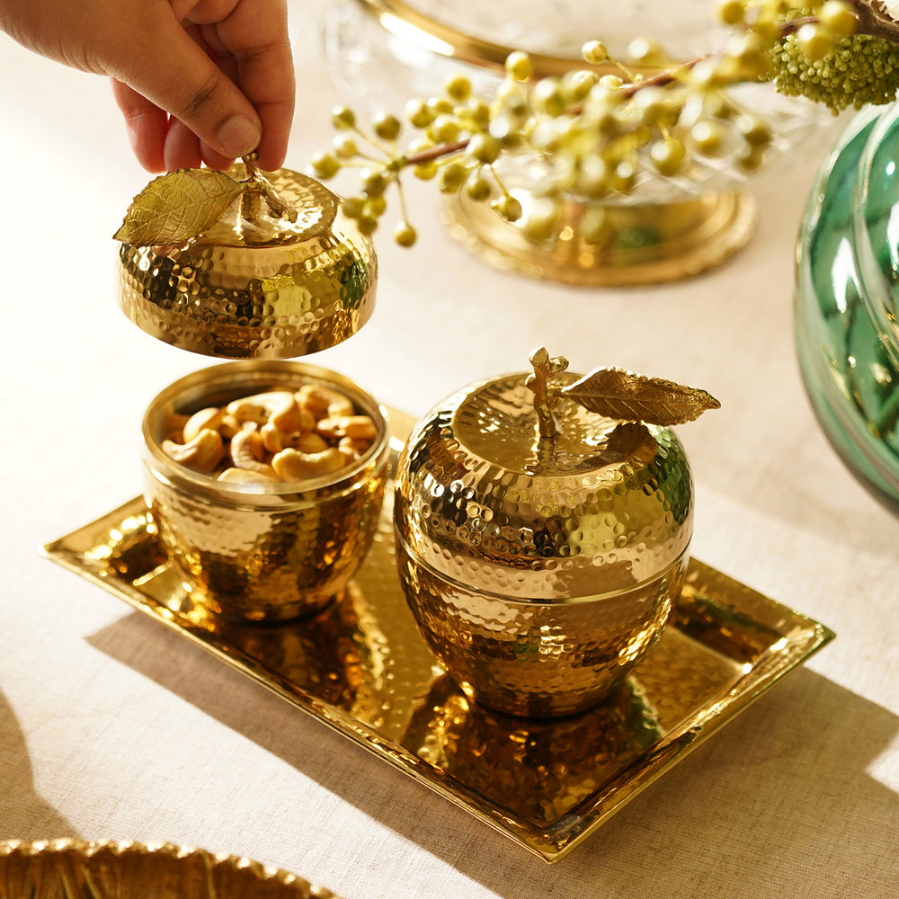 Set Of 2 Gold Hammered Apple Shaped Jar with Tray