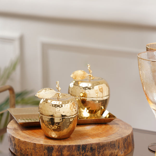Set of 2 Gold Metal Hammered Apple Shaped Decorative Jar with Tray