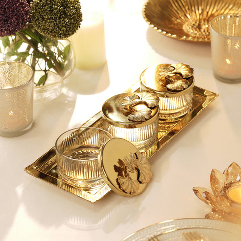 Set of 3 Gold Glass Jars with Lid and Tray
