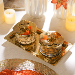 Set of 2 Gold Glass Textured Jars with Tray
