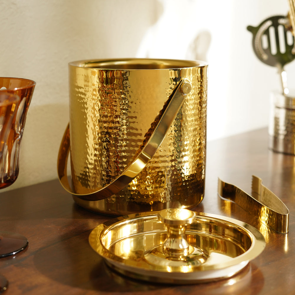 Gold Hammered Metal Ice Bucket with Tong