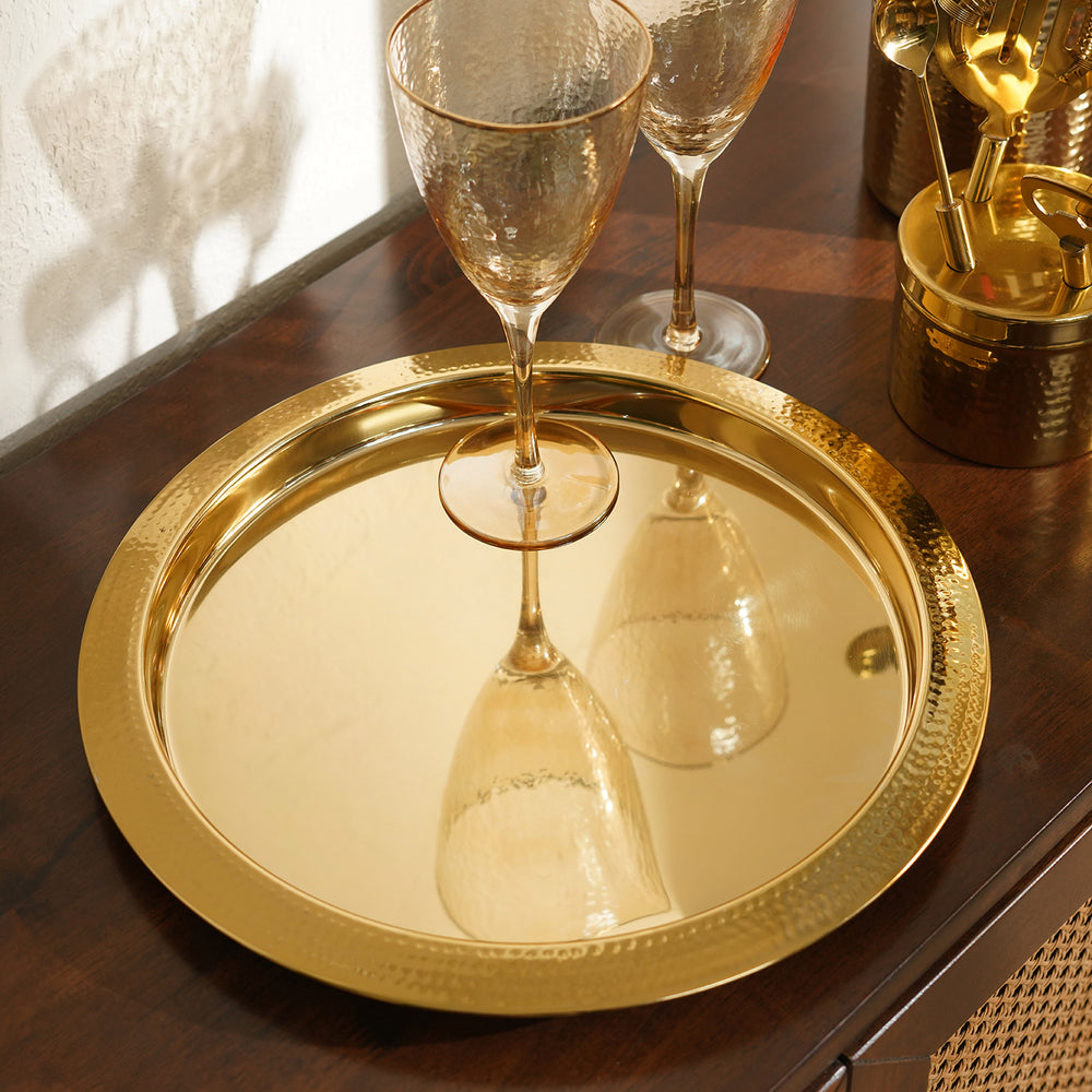 Gold Hammered Metal Round Tray