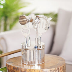 Aiden Silver Ribbed Bar Tool Set with Base