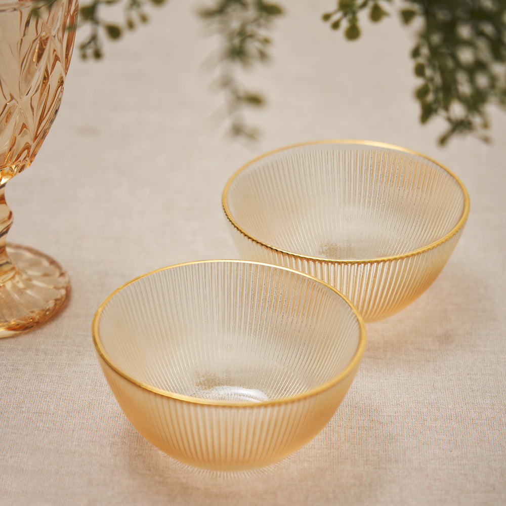 Set Of 2 Gold Radial Small Glass Bowls