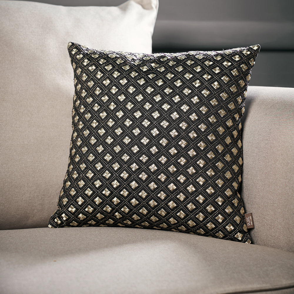 Black & Gold Checkered Embroidery Cushion Cover