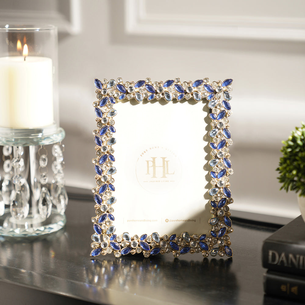 Blue and Gold Stone Embellished Metal Photo Frame - Small