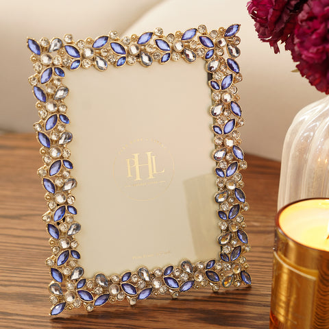 Blue and Gold Stone Embellished Metal Photo Frame - Large