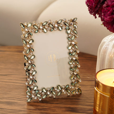 Green and Gold Stone Embellished Metal Photo Frame - Small