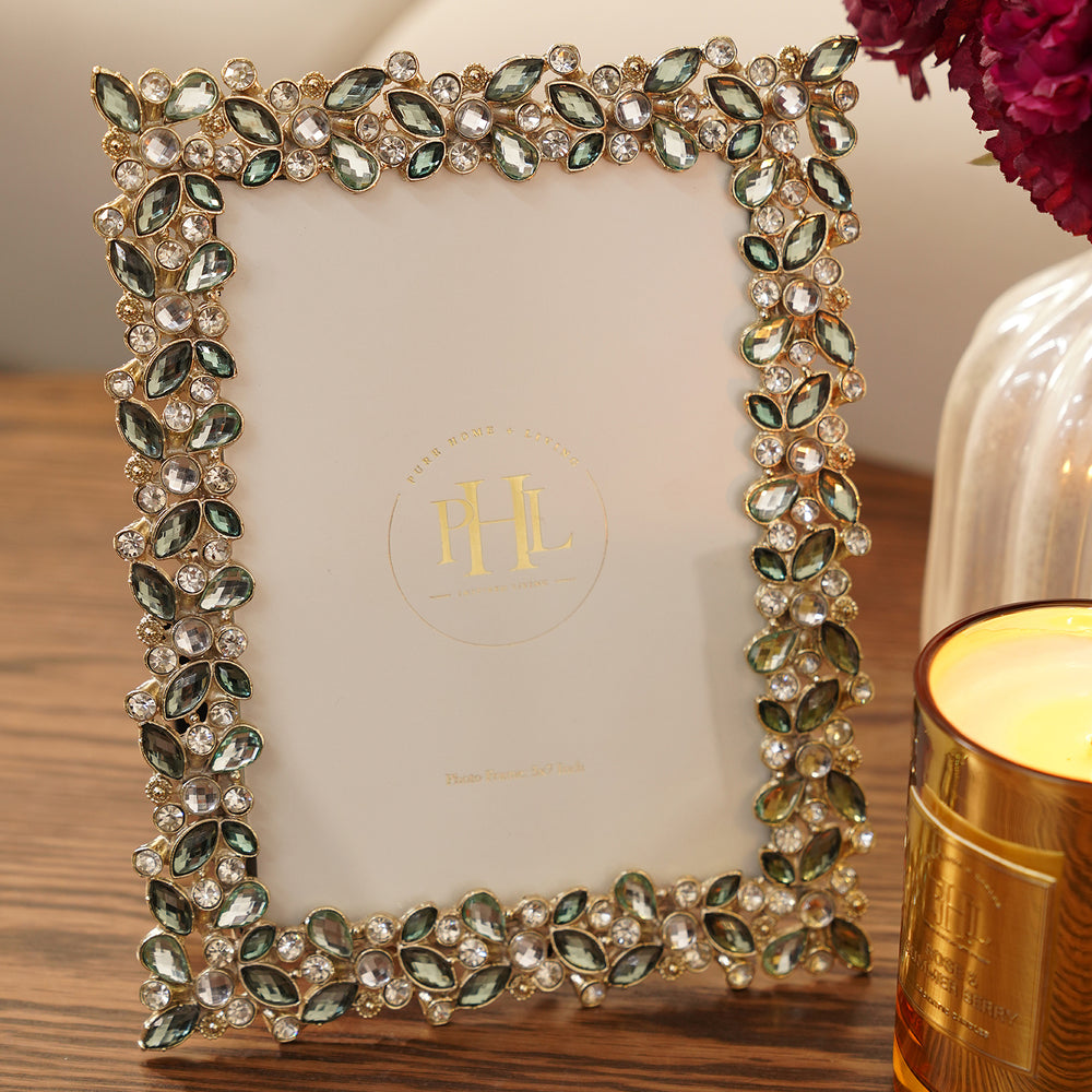 Green and Gold Stone Embellished Metal Photo Frame - Large
