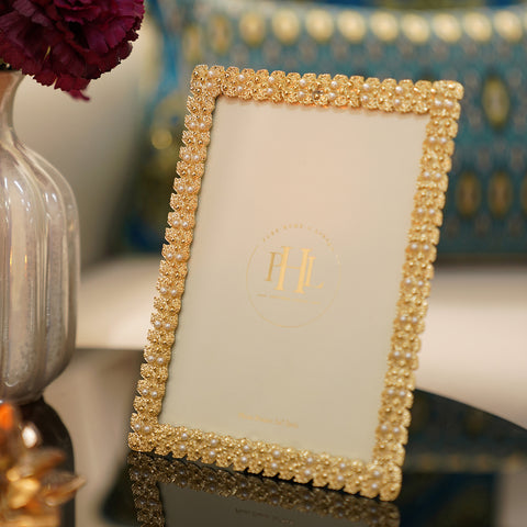 Gold Pearl Beaded Metal Photo Frame - Large