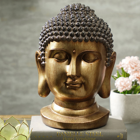 Antique Gold Polyresin Buddha Head With Round Base - Large