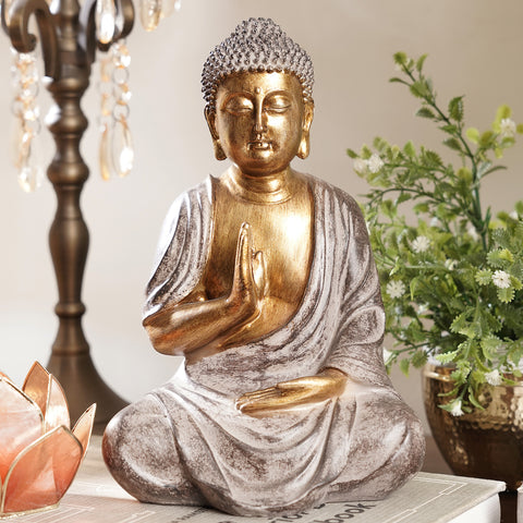 Antique Gold Polyresin Sitting Buddha Sculpture - Medium