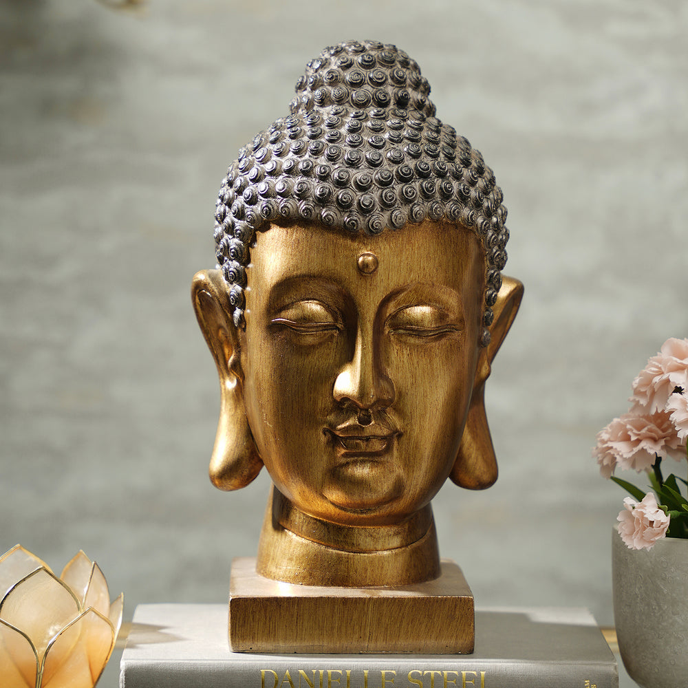 Antique Gold Polyresin Buddha Head With Base - Large