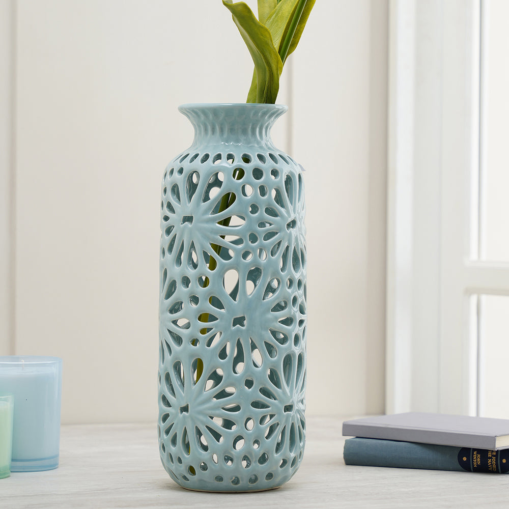 Blue Floral Pattern Ceramic Vase - Large