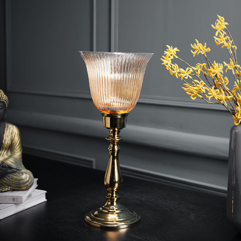 Gold Ribbed Glass Hurricane - Small