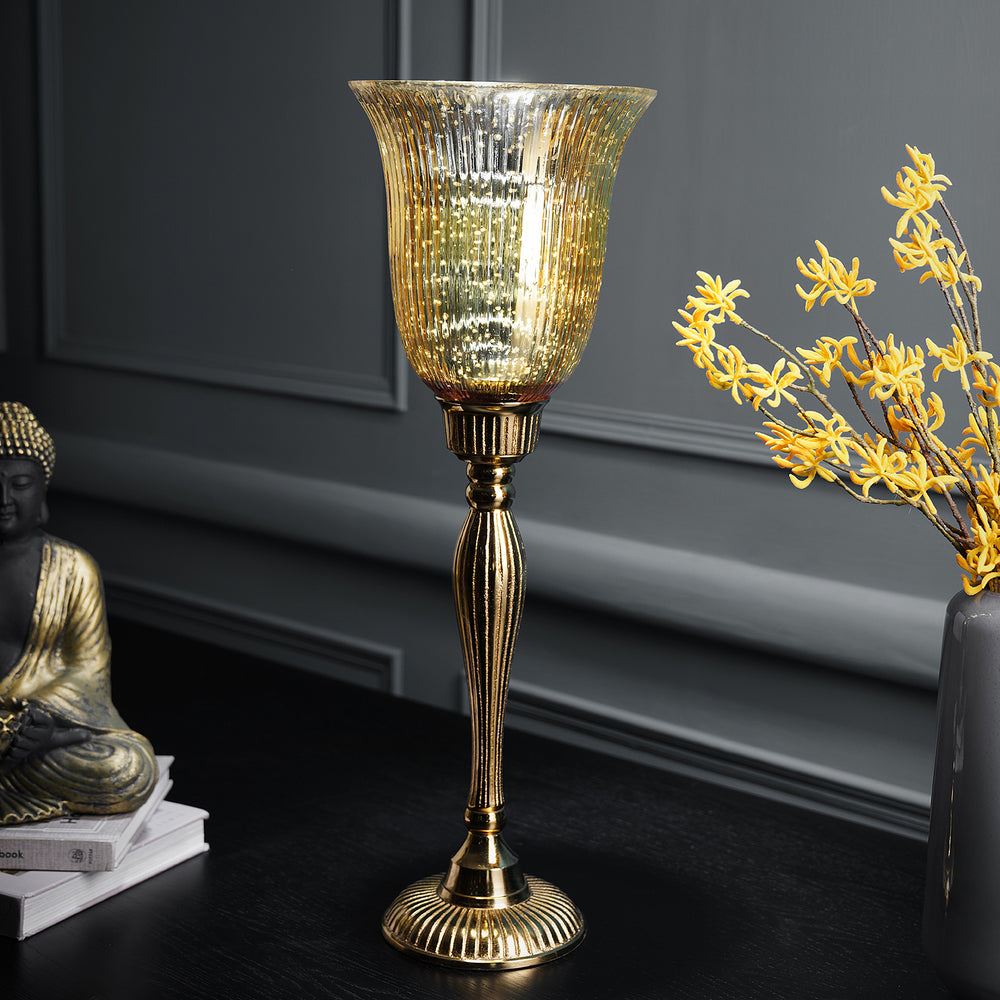 Antique Gold Ribbed Glass Hurricane - Large