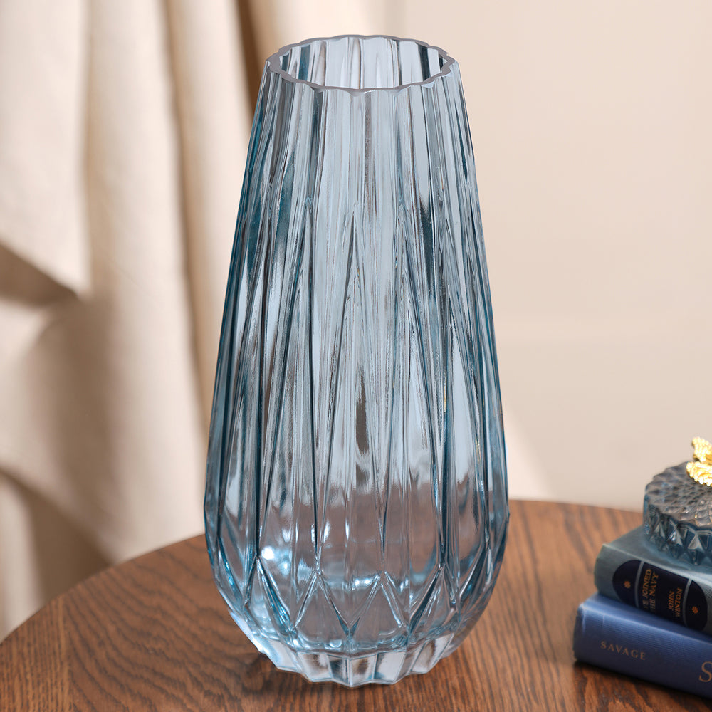 Blue Diamond Textured Glass Vase - Large