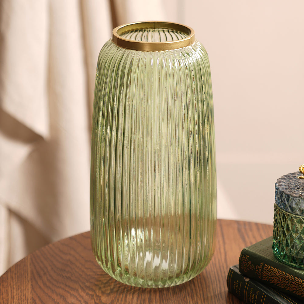 Green Ribbed Glass Vase - Large