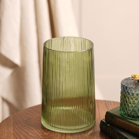 Green Ribbed Cylindrical Glass Vase