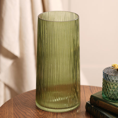 Green Ribbed Cylindrical Glass Vase - Large