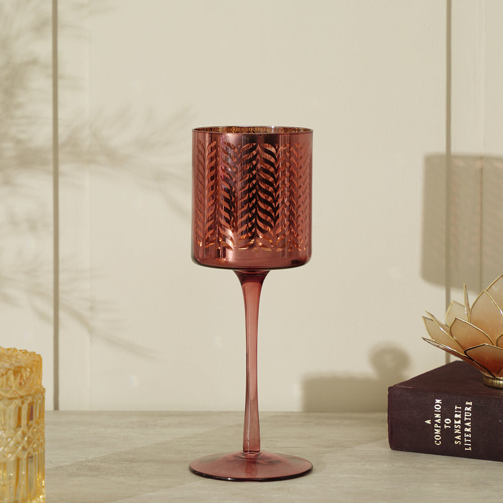 Pink & Gold Herringbone Glass Candle Holder - Large